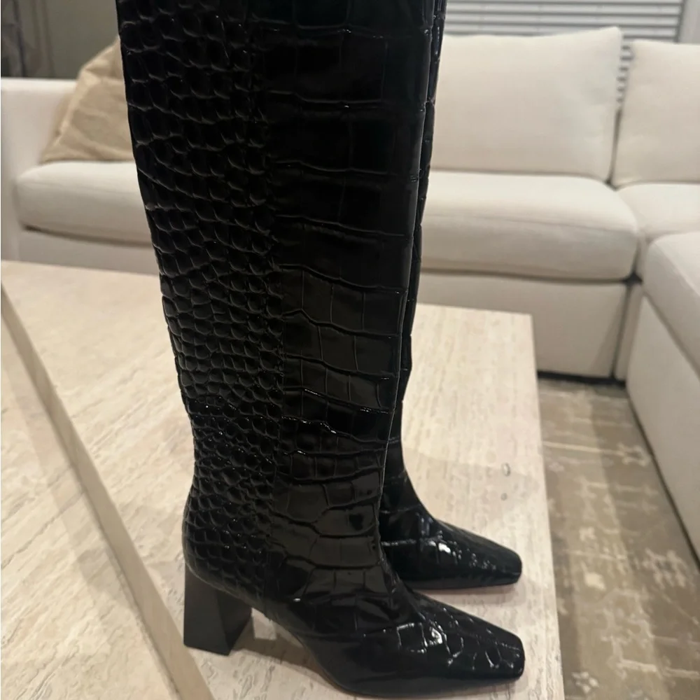 Brand New Reformation River Black Croc-Embossed Knee-High Boots